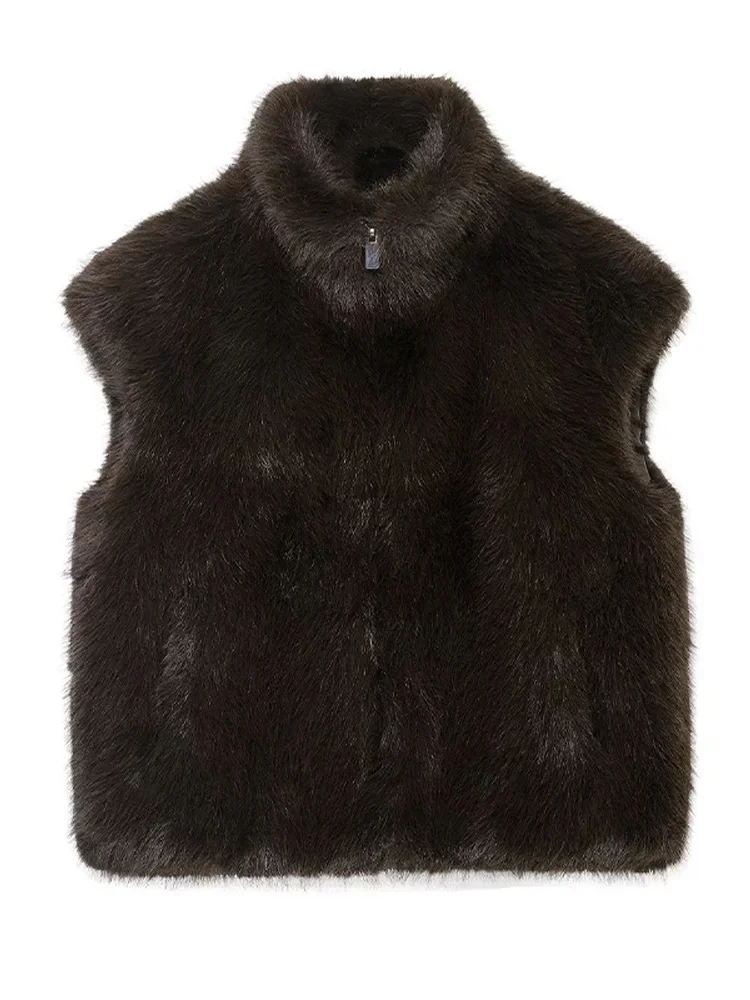 

2025 Autumn Winter Luxurious Coat Fashion Faux Fur Vest For Women Casual High Neck Sleeveless Zipper Loose Chic Street Outerwear