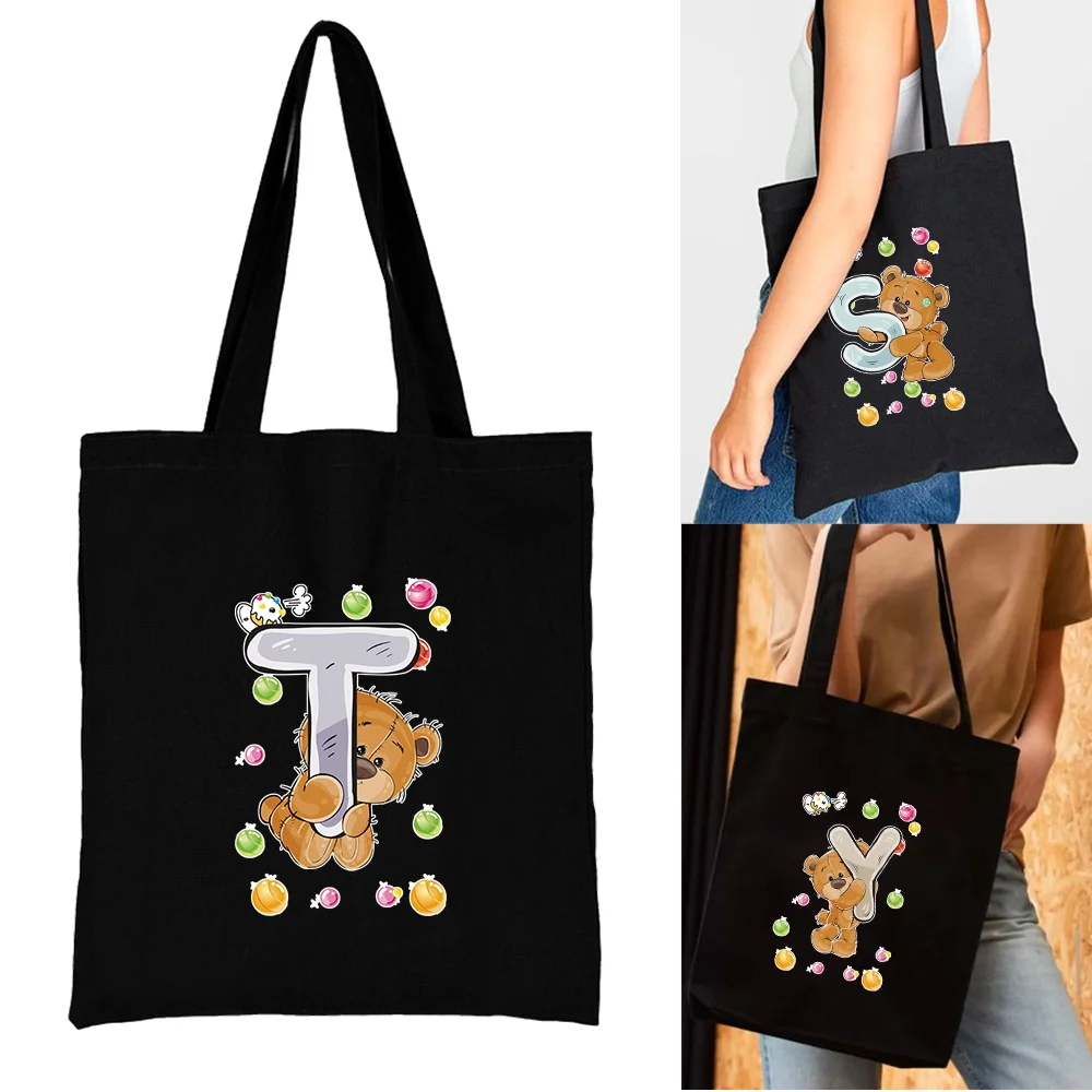 

Women Canvas Shopping Bag Shopper Shoulder Bag Eco Handbag Bear Letter Print Fashion Organizer Tote Commute Grocery handbags