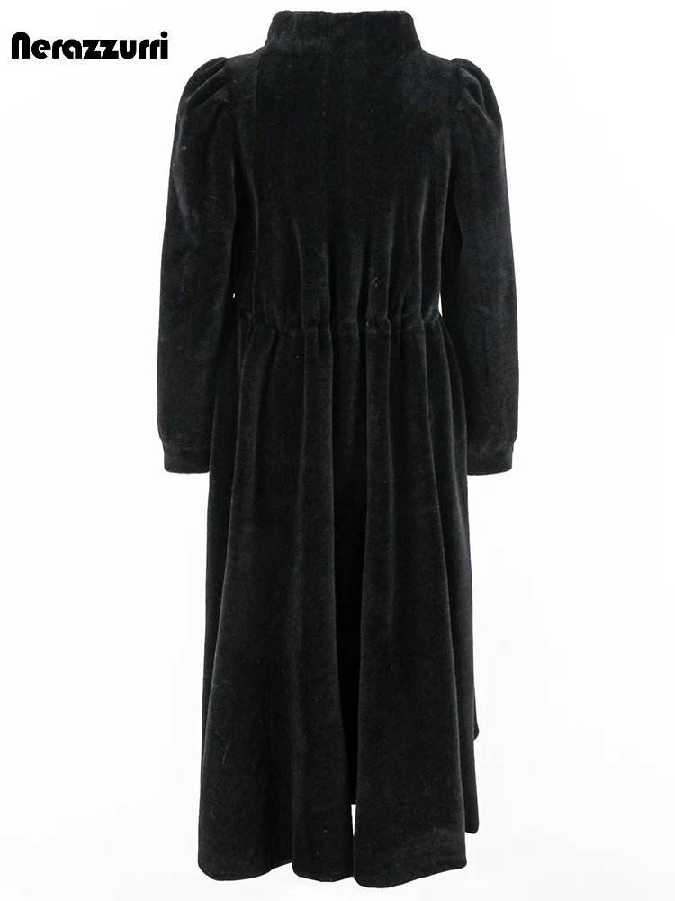 Nerazzurri Autumn Winter Long Black Real 100% Wool Coat Women Drawstring Waist Puff Sleeve Stand Collar Luxury Elegant Overcoat