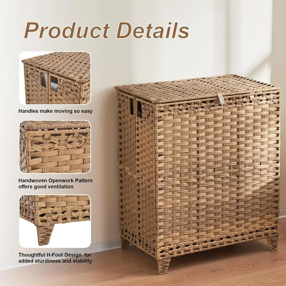 Large 190L 3-Section Rattan Laundry Hamper with Lids, 6 Removable Liners & 3 Mesh Bags, Natural, Easy Assembly