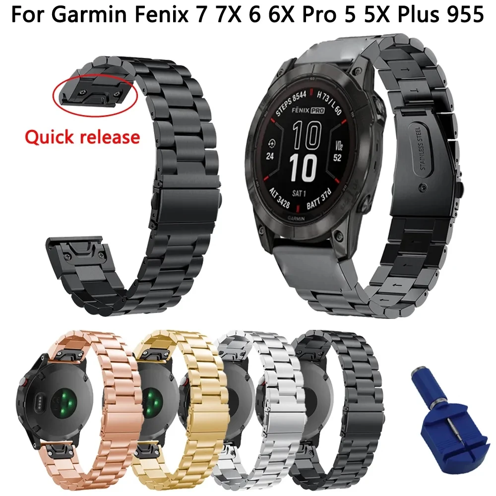 Metal Watchband Strap for Garmin Fenix 7 7X 6X 6 Pro 5X 5 Plus 3 HR 955 MK2 Tactix 7 Quick Release Stainless Steel Band Bracelet