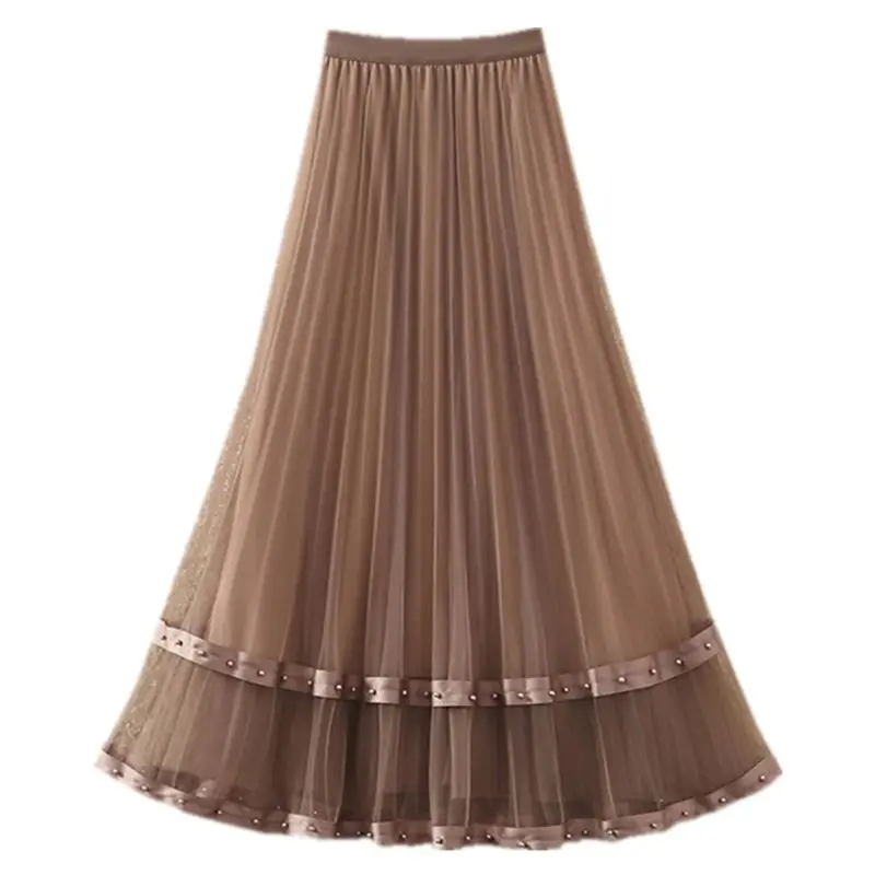 High-End Mesh Skirt Women's Spring/summer 2026 High A-line Skirts Ladies Long Drape Yarn Short Pleated Skirt Feminine