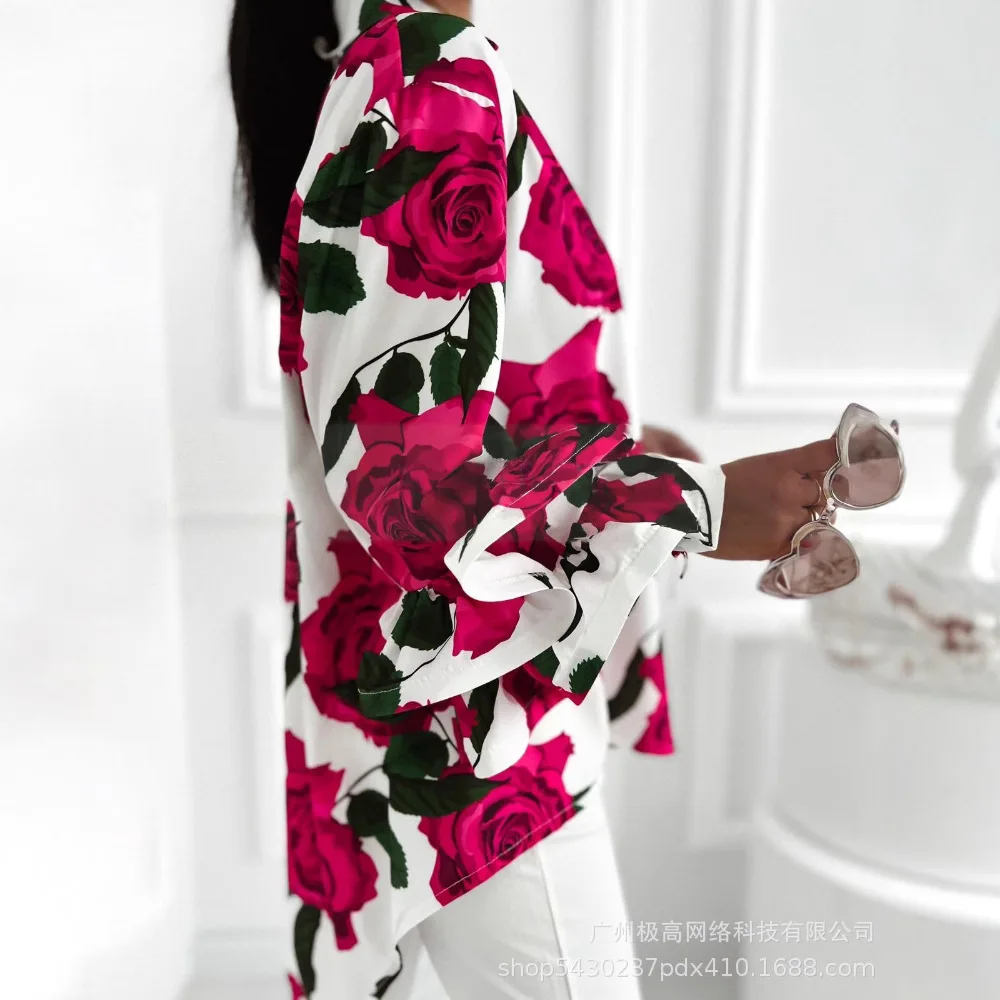 Camicia da donna con colletto rovesciato con stampa floreale, orlo con volant, manica lunga, camicetta casual, camicette stampate a fiori
