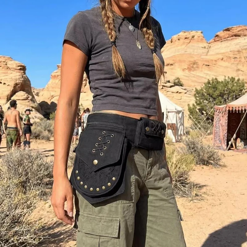 Multifunktionale Hüfttasche, Unisex-Handytasche mit Metallnieten und verstellbarem Gürtel, Beintasche, Outdoor-Hüfttasche für Damen, Edgy Purse – Detail 7
