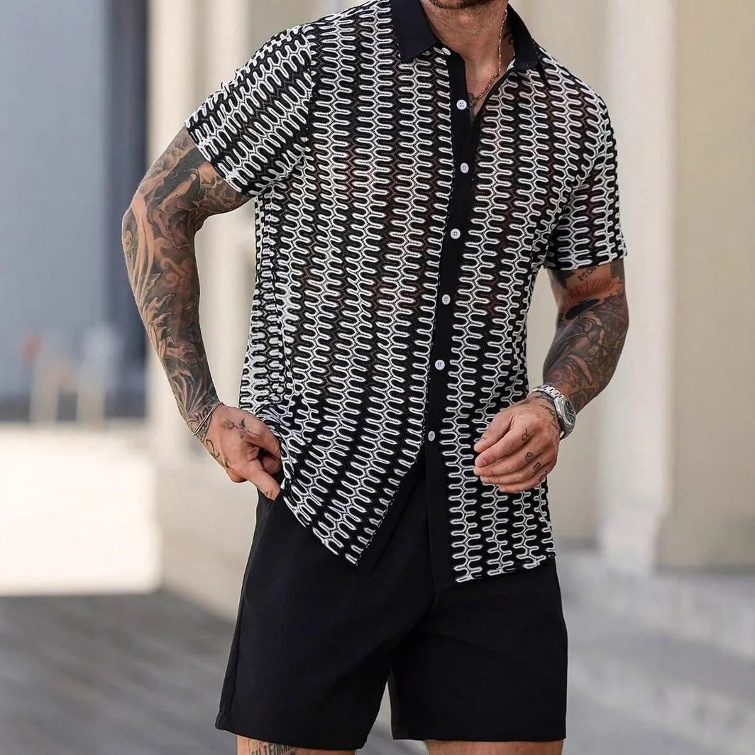 Summer New Men's Hollow Woven Shirt, Fashion Trend Vacation Casual Top