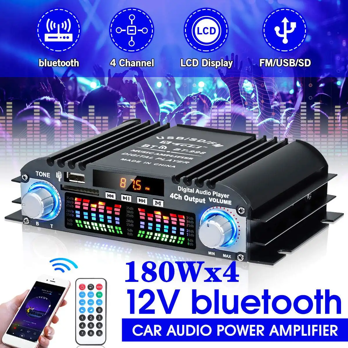 

BT-998 Hifi Audio Home Digital Amplifiers Car Audio Bass Power bluetooth Amplifier FM USB SD Radio Subwoofer Speakers 12V/220V