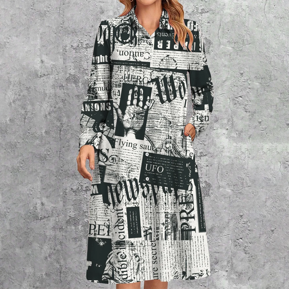 

Personalized Design Newspaper Print Shirt Dress 2024 Women's Lapel Button Down Dress Casual Loose Streetwear Mid-Length Dresses