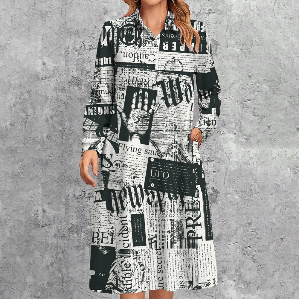 Personalized Design Newspaper Print Shirt Dress 2024 Women\'s Lapel Button Down Dress Casual Loose Streetwear Mid-Length Dresses