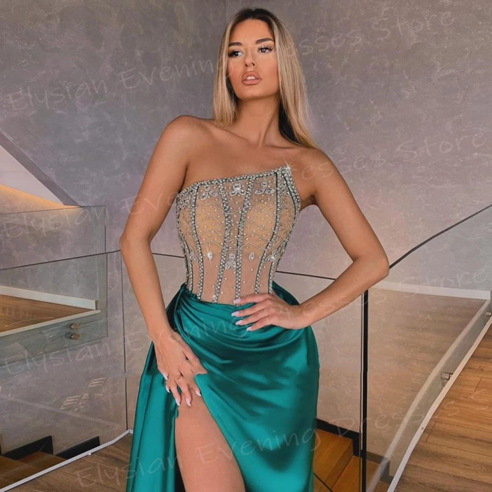 Charming Green Women's Mermaid Elegant Evening Dresses Sexy Strapless Beaded Prom Gowns Side High Split فساتين للمناسبات الخاصة