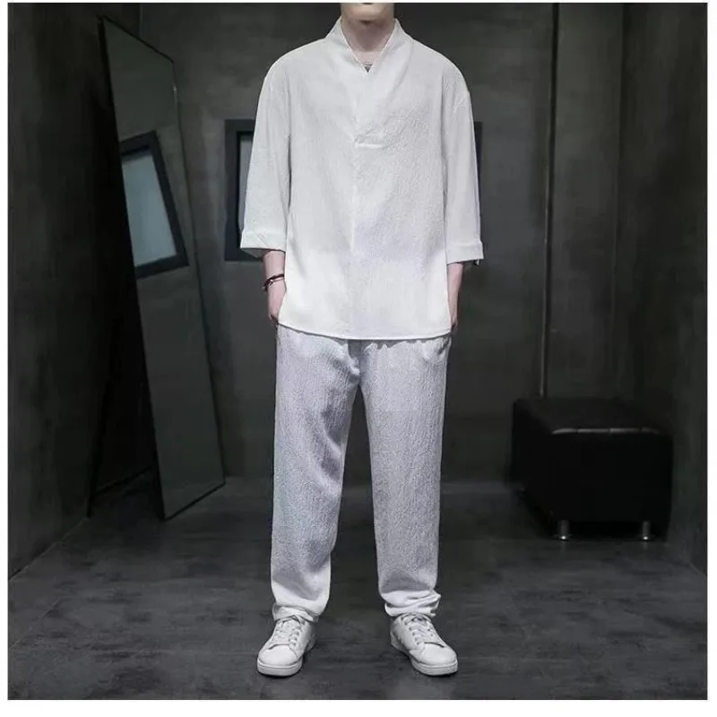 Ice Silk Drape Chinese Style Men's Thin T-shirt Men's Short-sleeved Summer Loose Large Size Two-piece Set