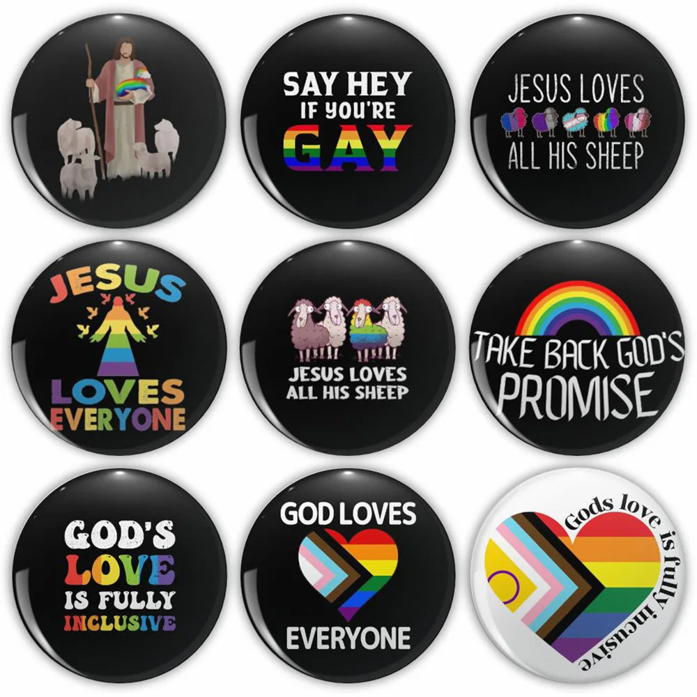 LGBT Rainbow Tinplate Pins Jesus Loves Everyone Button Brooches God Bless Lapel Backpack Badges Fashion Jewelry Custom Gifts