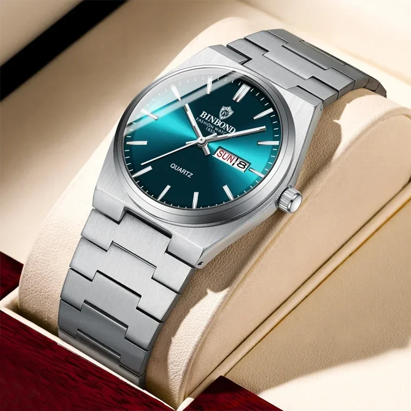 BINBOND Fashion New Men Business Watch Leisure Quartz Stainless Steel Buckle Watches Waterproof Luminous Calendar Men's Watches