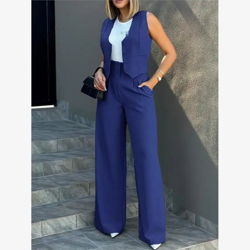 Modny damski komplet casualowy: spodnie z szerokimi nogawkami, kamizelka, dwuczęściowy zestaw, materiał poliestrowy, kolekcja letnia.