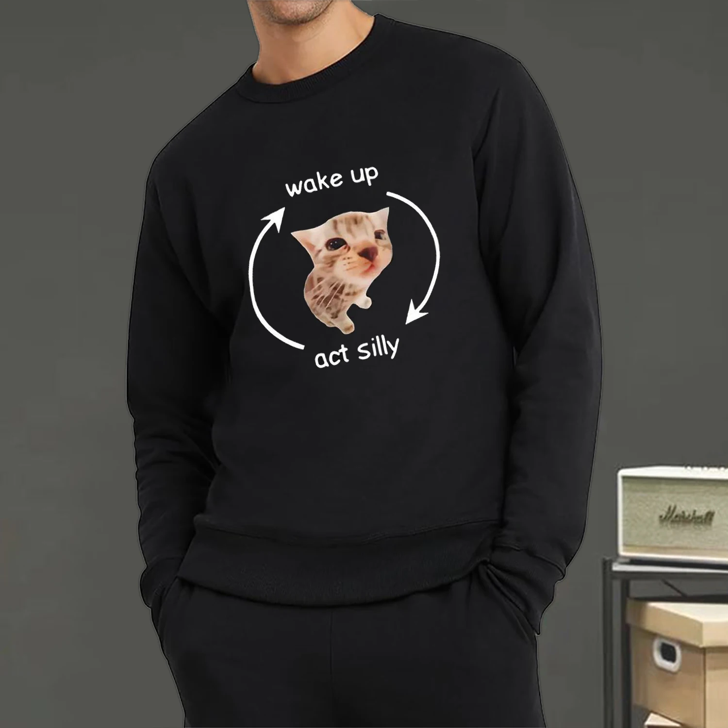 Wake Up Act Silly Meme Graphic Sweatshirt Cute Cat PrintWomen Men Pullover Crewneck Soft Breathable Hoodie Unisex Streetwear