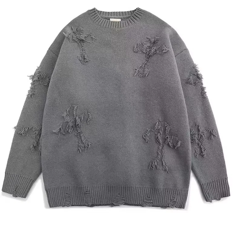 

Autumn Winter Hole Fringed Sweater Men's Round Neck Loose Pullover Versatile Knitwear American High Street Thickened Knitted Men