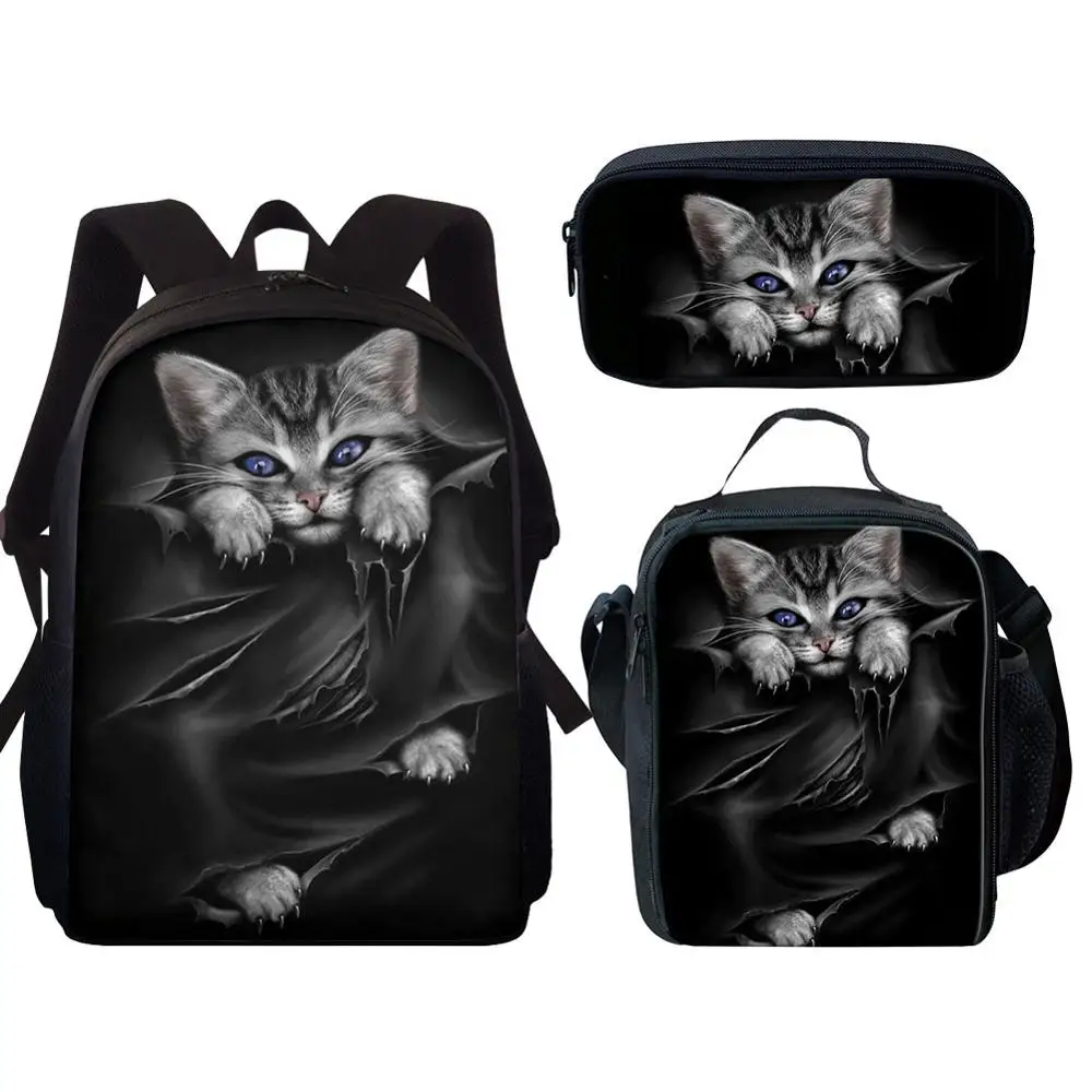 Gato bonito 3d impressão 15 "mochila escolar conjunto para meninos adolescentes meninas voltar pacote crianças livro saco primária estudante bookbags mochila casual