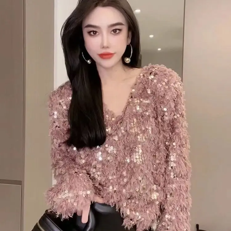 High End Sequined Feather Sweater for Women Spring Autumn and Winter New Design Sense Niche Super Beautiful Little Shirt Top