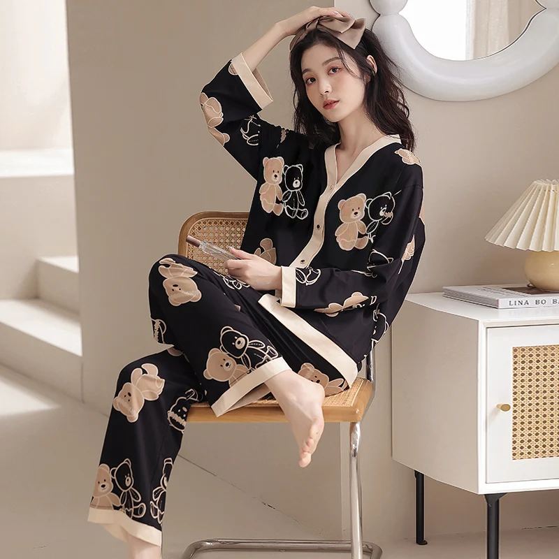 Y2k Women\'s 100% POLYESTER Pajamas with Cartoon Print Korean Fresh Ins Style Harajuku Lounges 2pcs 2024 New Spring/fall Homewear