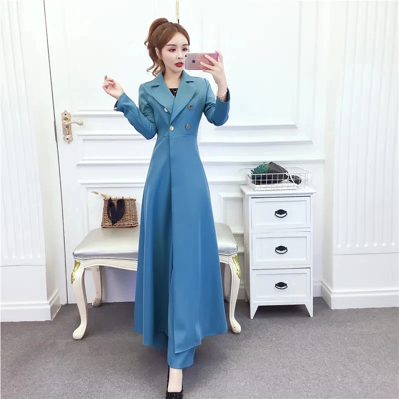 Fashion Royal Sister Set  Autumn And Winter New Temperament Long Windbreaker  High Waist And Wide Leg Pants Two-Piece Set