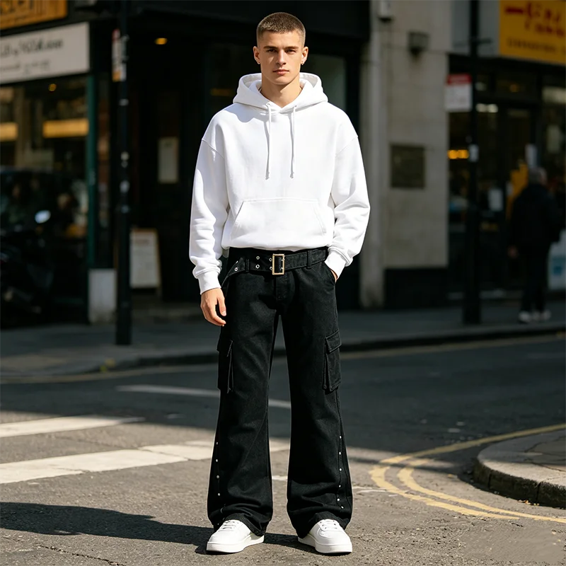Herren Punk Hip Hop Lace Up Jeans Ausgestellte Motorrad Streetwear Y2k Big Belt Schwarz Cargo Bootcut Jeans Relaxed Fit Flare Hosen – Detail 2