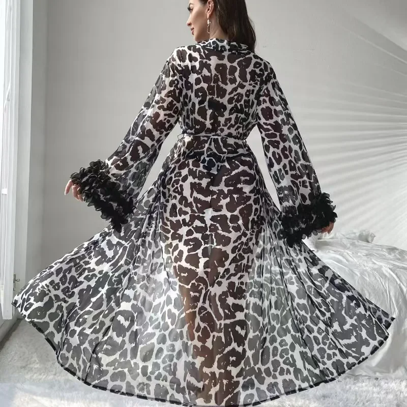 New Sexy Leopard Printing Long Robe Sleepwear Female Dressing Gown Kimono Bathrobe Women Thin Nightwear Nightgown Loungewear