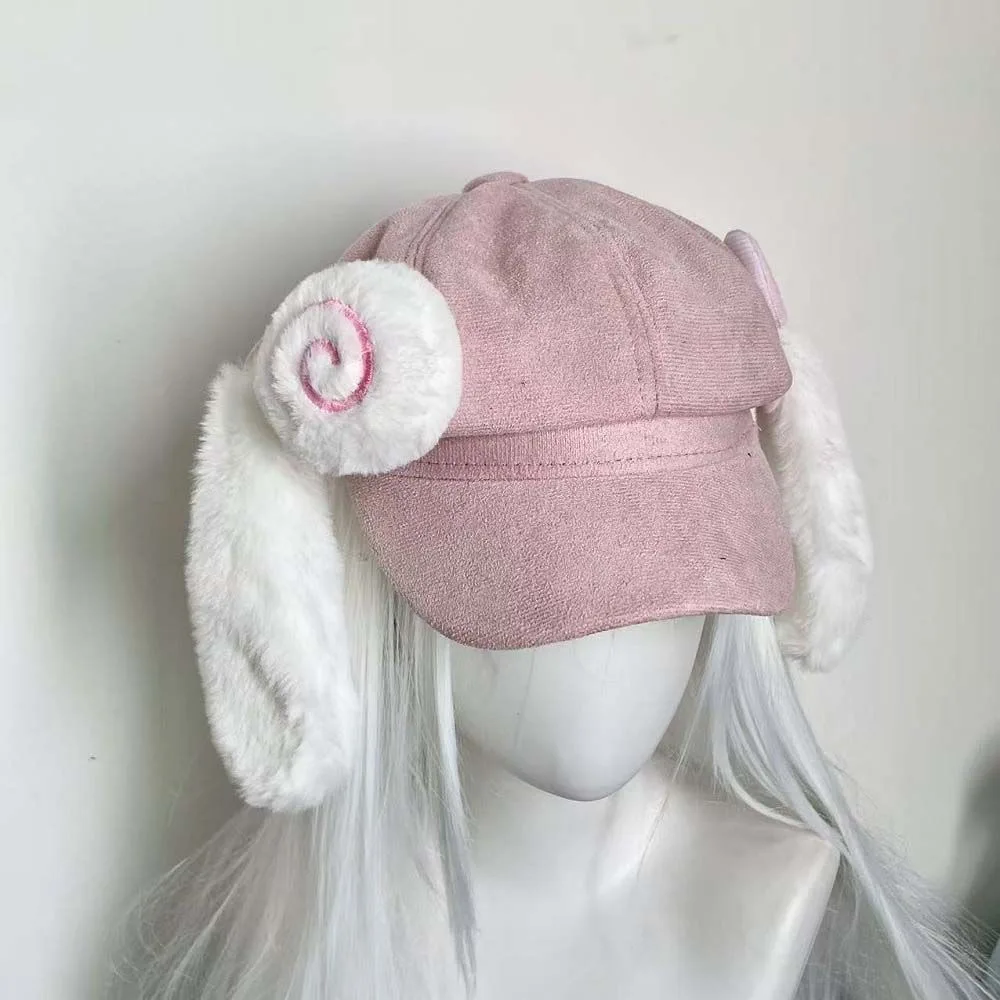 Harajuku Y2k Girl Japanese Cute Pink Lollipop Plush Puppy Ears Hat Women Lolita Kawaii Sweet Cool Beret Hats Chic Streetwear