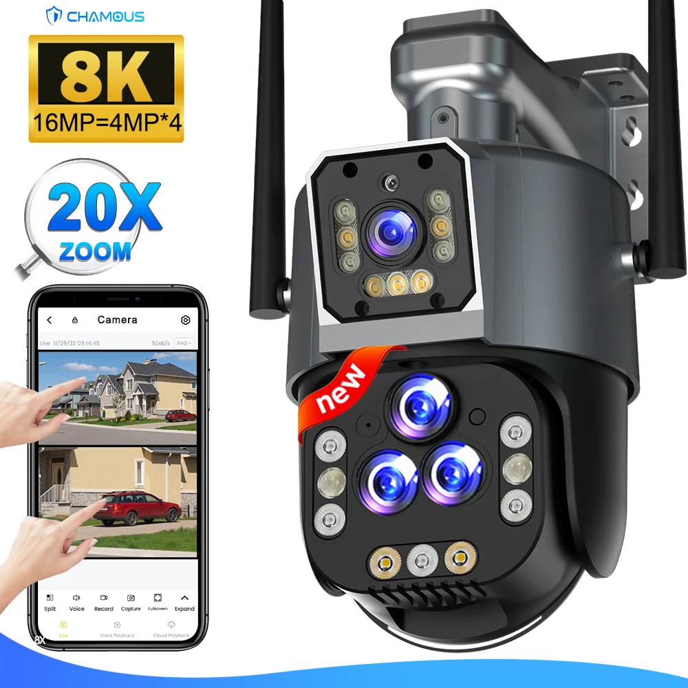 16MP 8K WiFi Surveillance Camera Outdoor 20X Zoom Security Camera Four Lens Dual Screen CCTV Mini 4K 8MP Video WiFi IP Camera