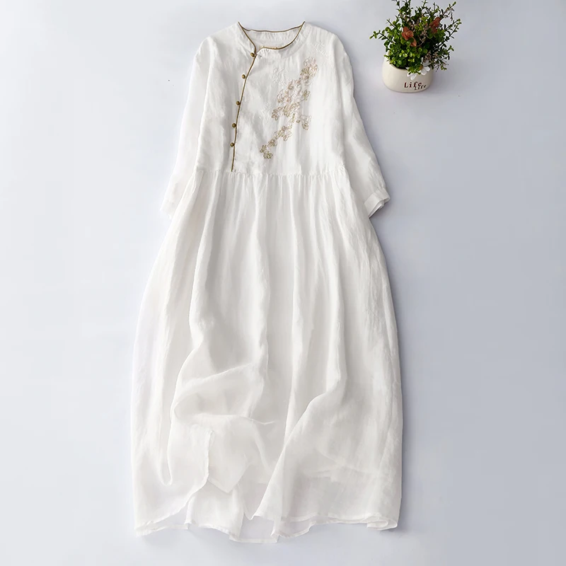 Nouveau chinois Sle été femmes forêt fille brodé coton Dr artistique rétro t-shirt quart Sve col montant Long D...