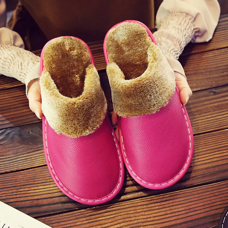 

Winter Leather Women's Slippers Bedroom Cotton Slippers Male Waterproof Thick Plus Velvet Indoor Warm House Home Slippers Shoes
