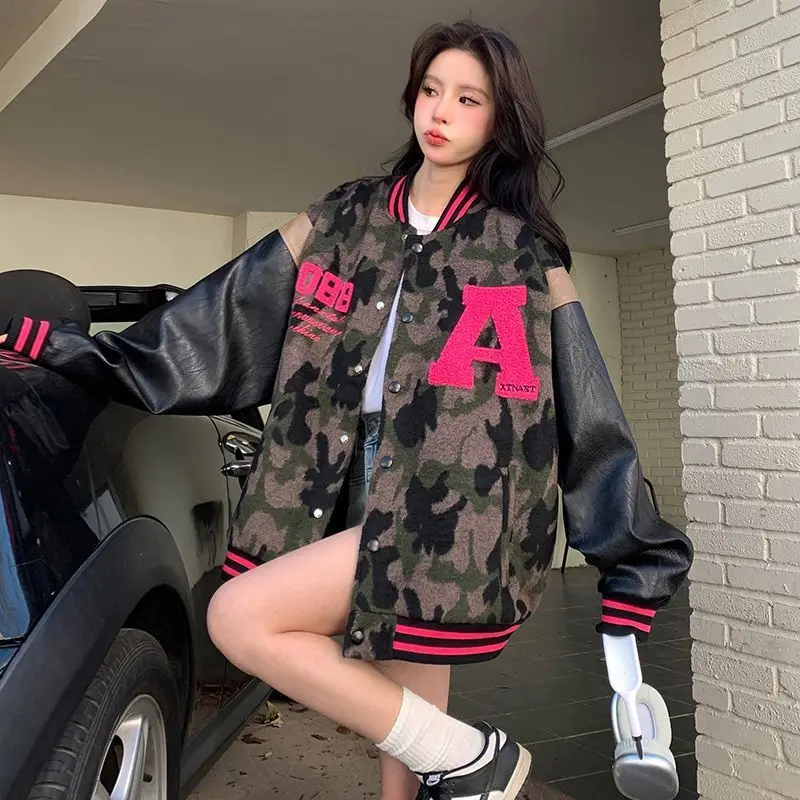 ​American Retro Patchwork Baseball Jacket with Embroidered Letters Loose Fit Spring Fall Women's Coat​