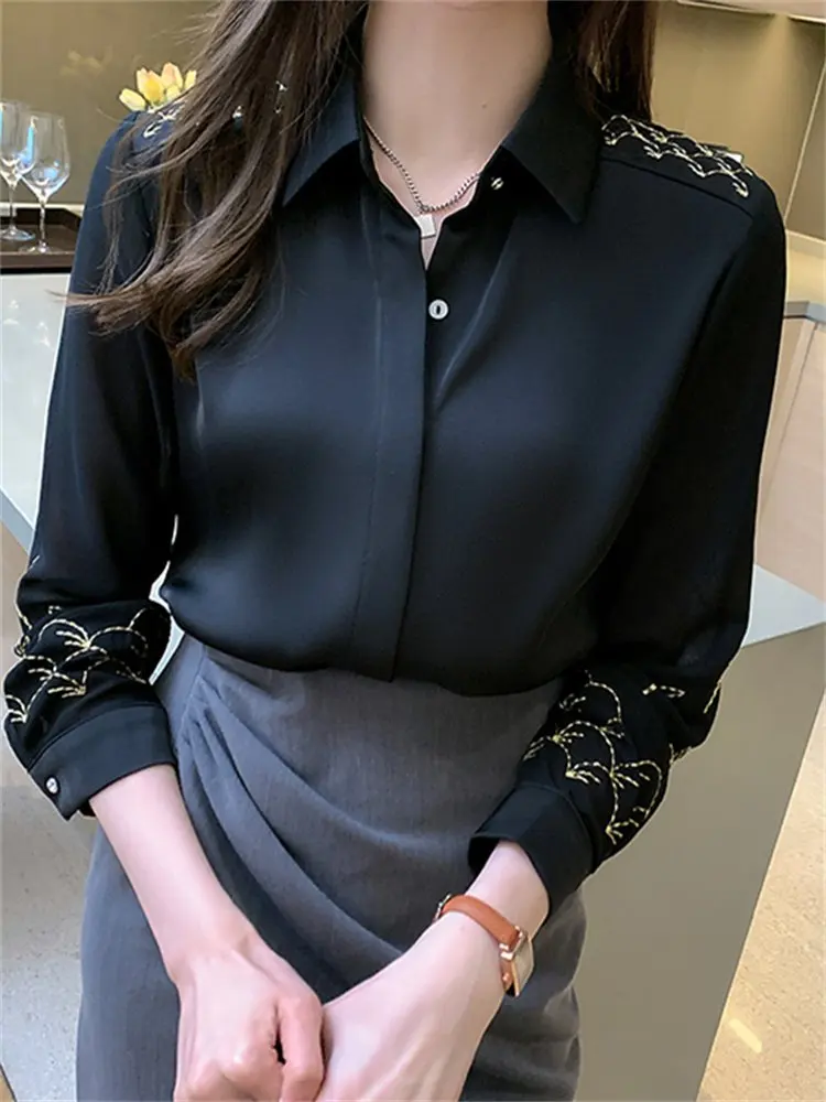 

Женская шифоновая блузка Ele Long Sve с профессиональной вышивкой, модный топ в корейском стиле, прямой крой, для офиса и повседневной носки