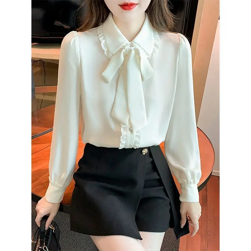 Vlinderknoop Lange Mouwen Shirt Voor Dames Lente Herfst Kleding Versie Niche Top Design Losse Temperament Chiffon Shirt