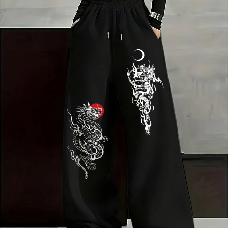 

Прямые спортивные брюки в национальном стиле с принтом солнца и дракона, широкие, длинные, с эластичным поясом на шнурке