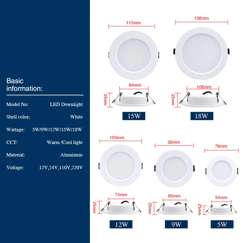 LED Downlight 110V 220V Round Recessed Ceiling Lamp DC12V 24V 5W 9W 12W 15W 18W Panel Down Lights Cold/Warm White Led Spotlight