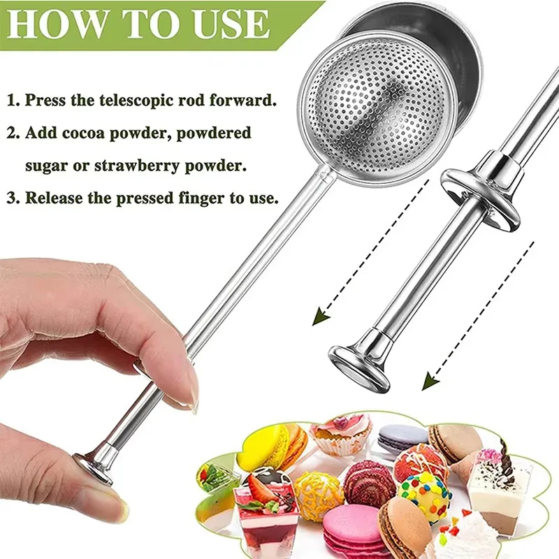 Stainless Steel Powder Sugar Shaker Duster Retractable Handle Flour Sifter Baking Cocoa Coffee Powder Sprinkling Tool