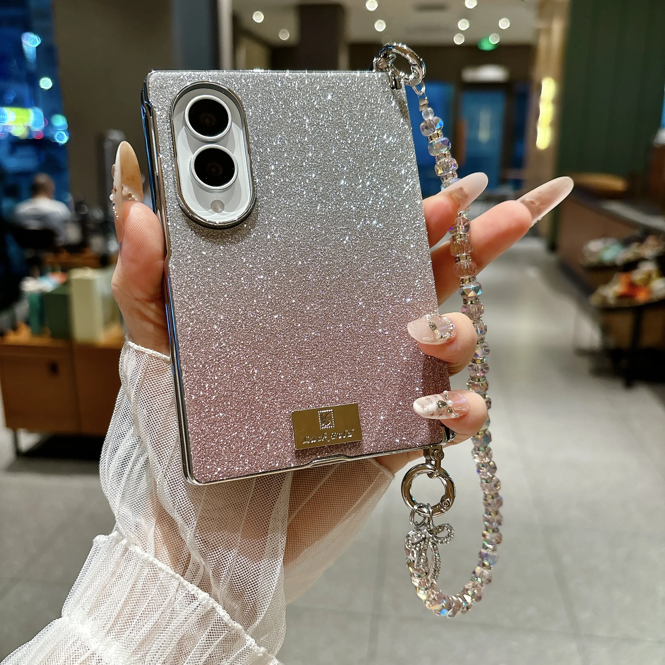 Luxury Fashion Gradient Glitter Leather Phone Case for Samsung Z Fold 8 Wide Hinge Protection Shockproof With Wrist Strap Cover