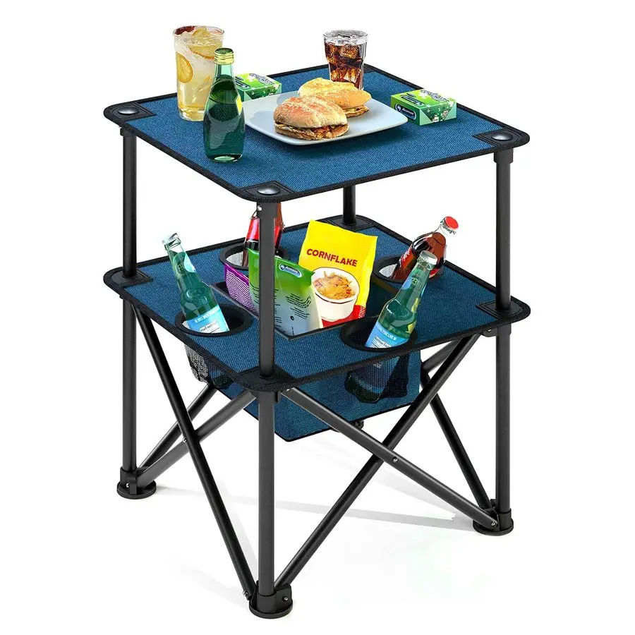 Folding Camping Table, Portable Outdoor Picnic Table, Lightweight Square Camp Table with Builtin 4 Cup Holders Food Basket and T