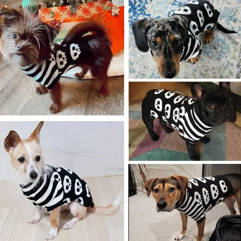 Halloween Dog Sweater Costume Skull Pumpkin Holiday Clothes Chihuahua Teddy for Small Medium Large Dog Cat  Autumn Winter Warm