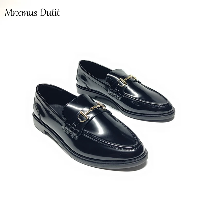 Mrxmus Dutit 2024 Fashion Women New England Style Genuine Leather Round Head Flats Shoes Casual Wild Simple Loafers Female