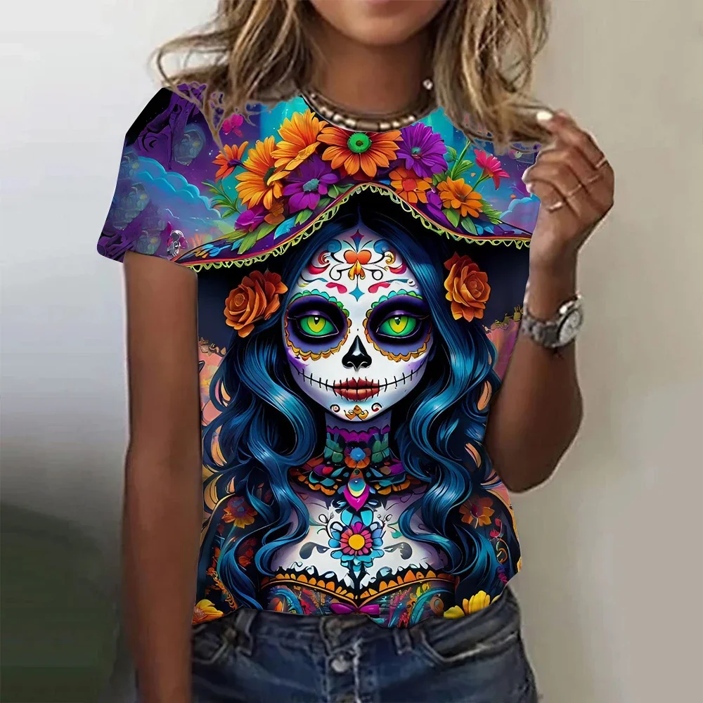 

Women's T-shirt for Girls Summer Short Sleeve Casual Fashion Sexy Girls Clothes Horror Undead Skull Pattern Oversized T-shirts