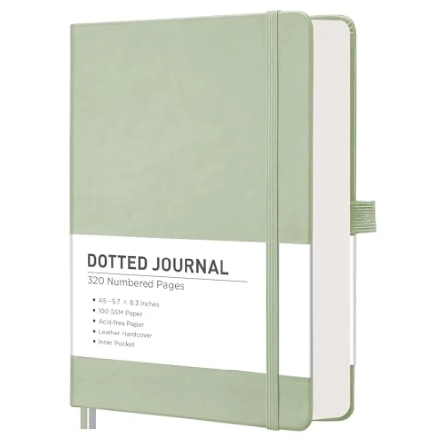 

Dotted Journal Notebook, 320 Numbe Pages, A5 Medium Size 5.7'' × 8.3'',Leather Hardcover, 100 GSM Thick Paper, for Journaling,