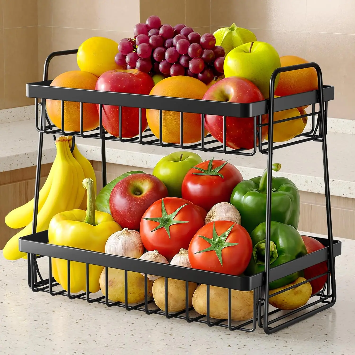 

2-Tier Fruit Basket with Removable Banana Hanger, Rustproof Kitchen Counter Organizer for Living Room Bathroom, Black