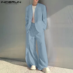 INCERUN Solid Sets 2024 Handsome New Men's Tops Long Pants Stylish Streetwear Male Comfortable Simple Suit 2 Pieces S-5XL 2024