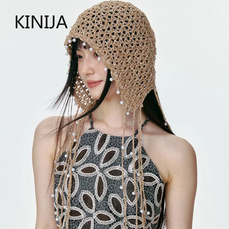 Ins Style Sequined Hollow Knitted Hat Women Summer Travel Photo Atmosphere Versatile Casual Y2K Beanies Headband Pullover Hat