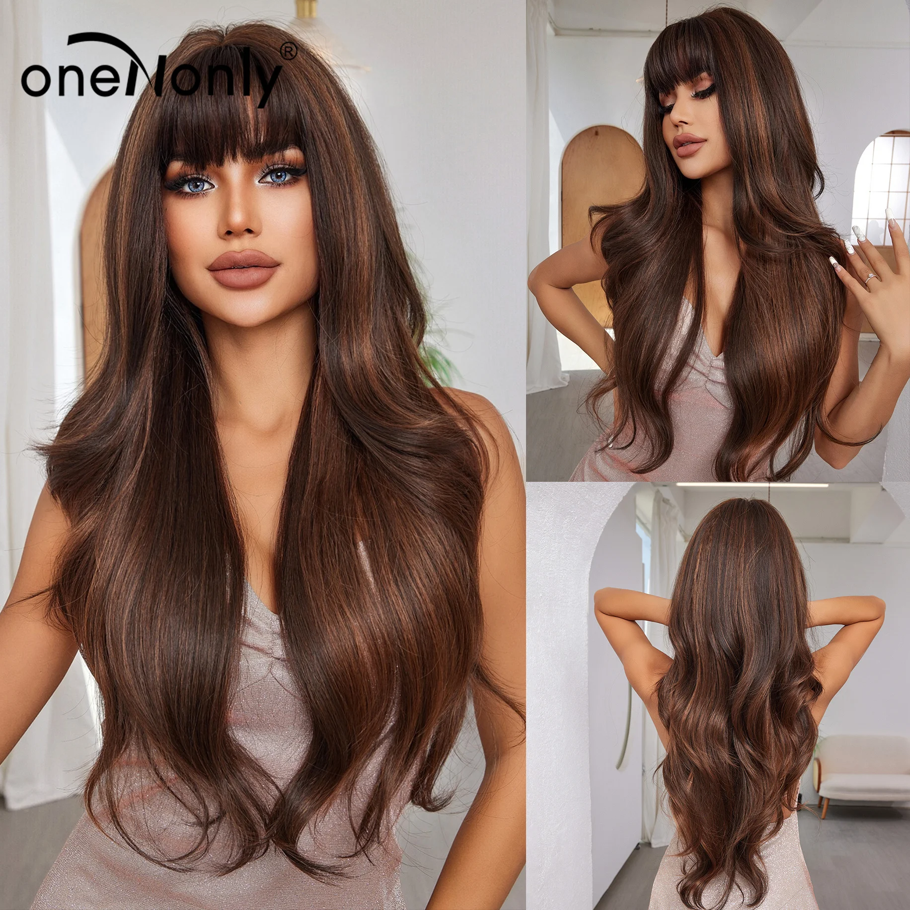 

OneNonly Brown Blonde Synthetic Wigs with Bangs Long Natural Wavy Hair Wig for Women Daily Cosplay Use Heat Resistant Fiber