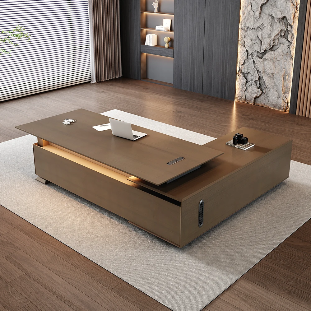 

Modern convertible wood L-shaped executive desk with high-tech modular design, suitable for CEOs, managers, and bosses