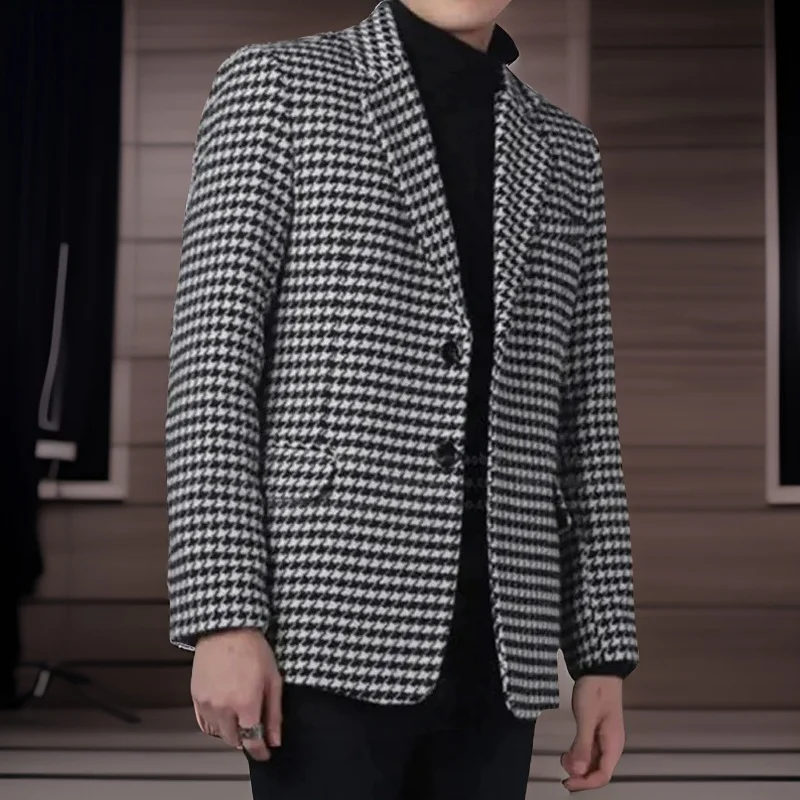 Check Men\'s Blazer with Two Buttons 2024 Business Suit Jacket Notch Lapel Plaid Houndstooth Male Fashion Coat Ready to Ship