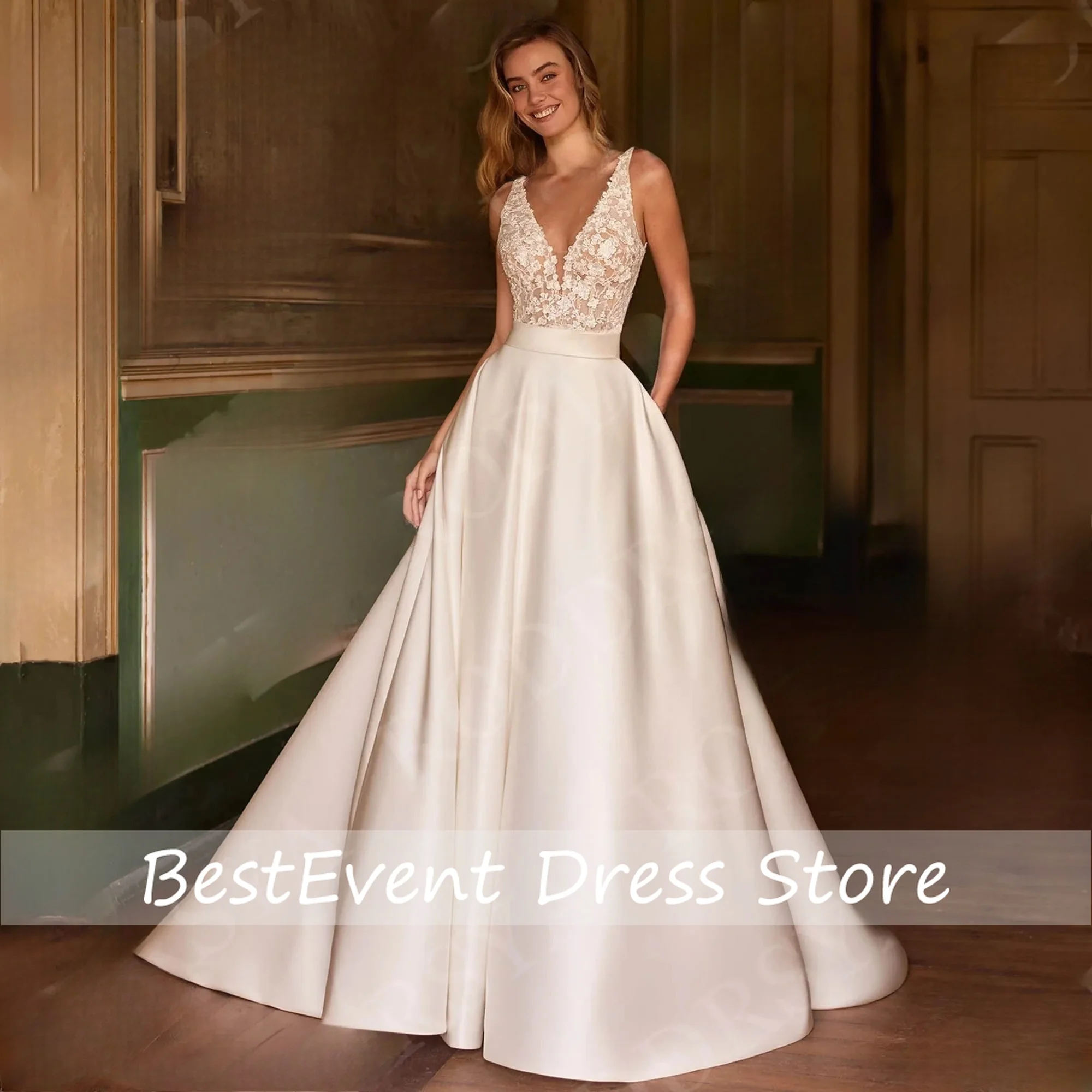 Wedding Dresses Satin Bride Gowns Sleeveless Two-Piece Lace V Neck A Line Bridal Dress Woman Customized Vestido Novia Customized