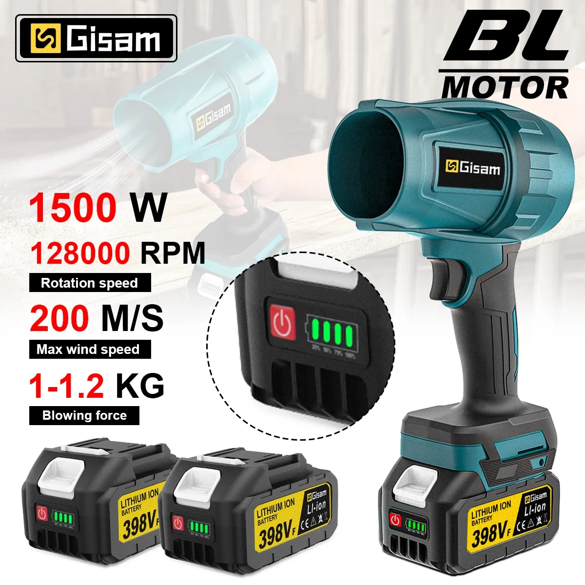 Gisam Brushless 200M/S Electric Turbo Blower Jet Fan Violent Electric Air Blower Handheld Dust Power Tool for Makita 18V Battery