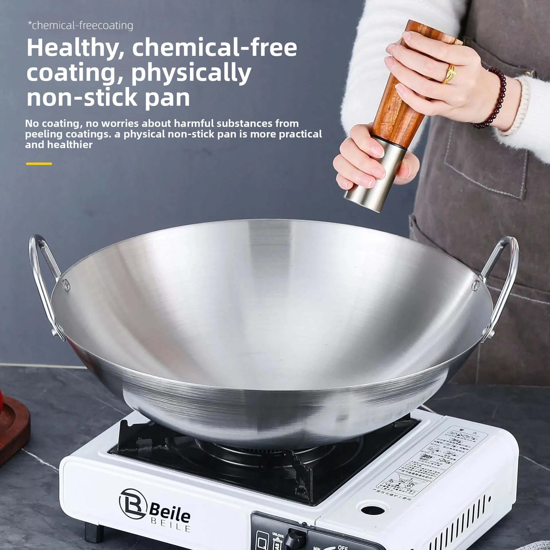 Robuster Wok aus Edelstahl in kommerzieller Qualität, große Bratpfanne, geeignet für den Heim- und professionellen Kochgebrauch, Restaurantküche